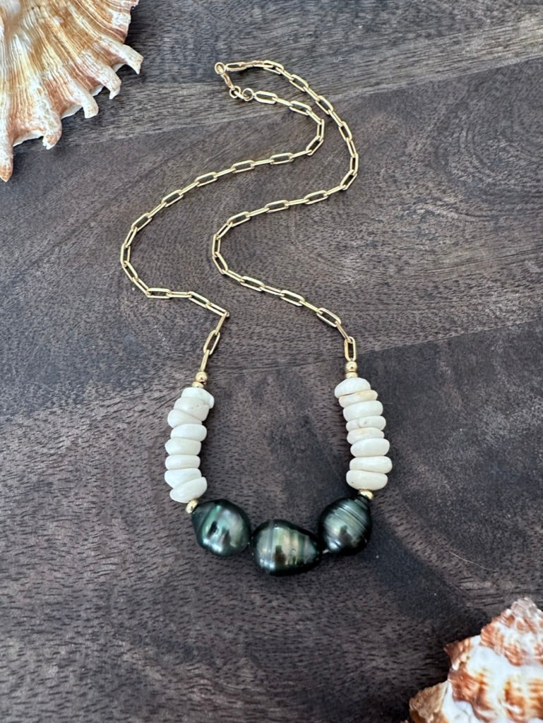 Royal Hawaiian Trio: Tahitian Pearl And Puka Shell Paperclip Necklace