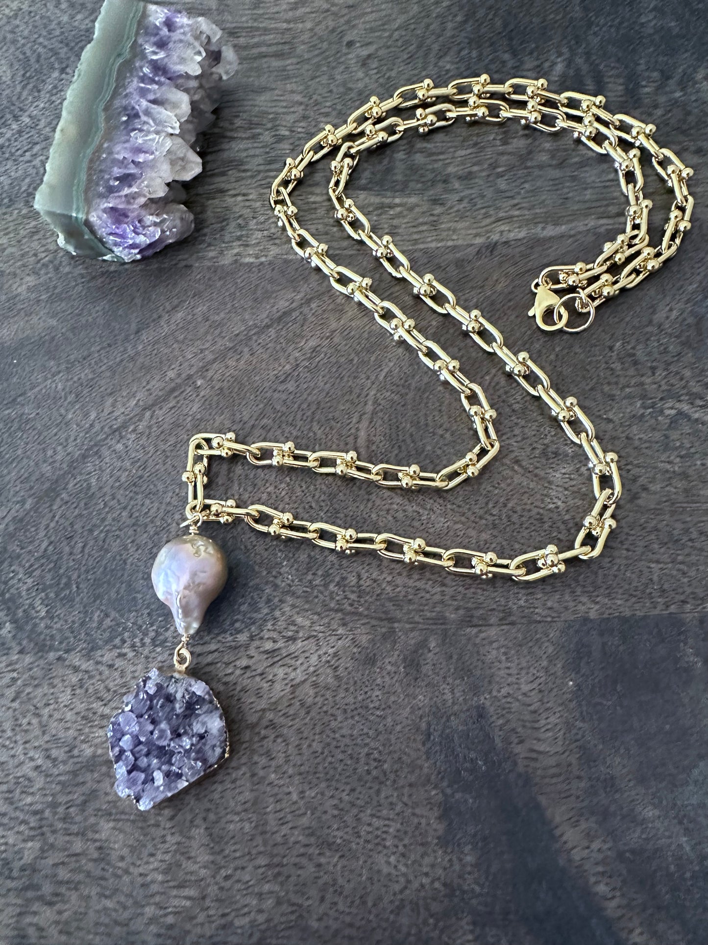 Amethyst Glow Talisman: Vermeil Amethyst Druzy with Pink Baroque Fireball Pearl Ball Link Chain