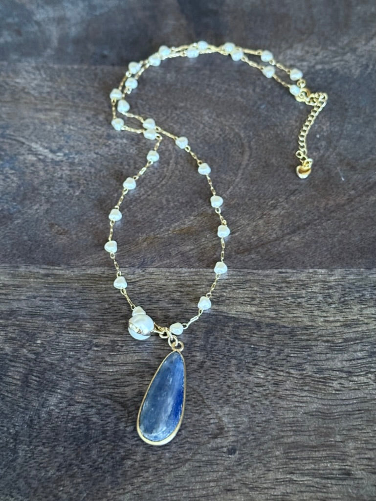 Alchemy of Love Necklace: Kyanite and White Freshwater Pearl Necklace