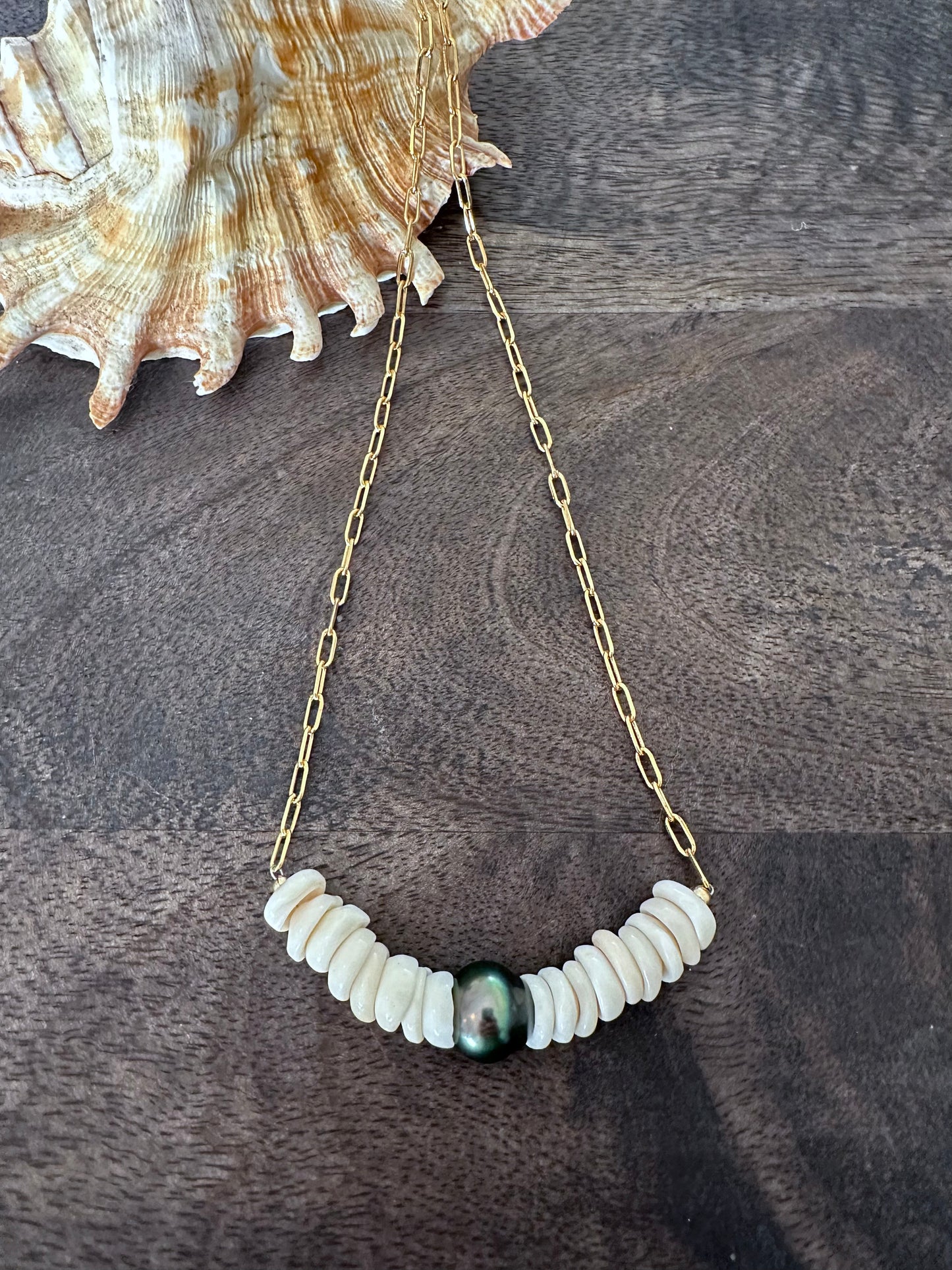 Royal Hawaiian Single Tahitian Pearl and Puka Shell Necklace