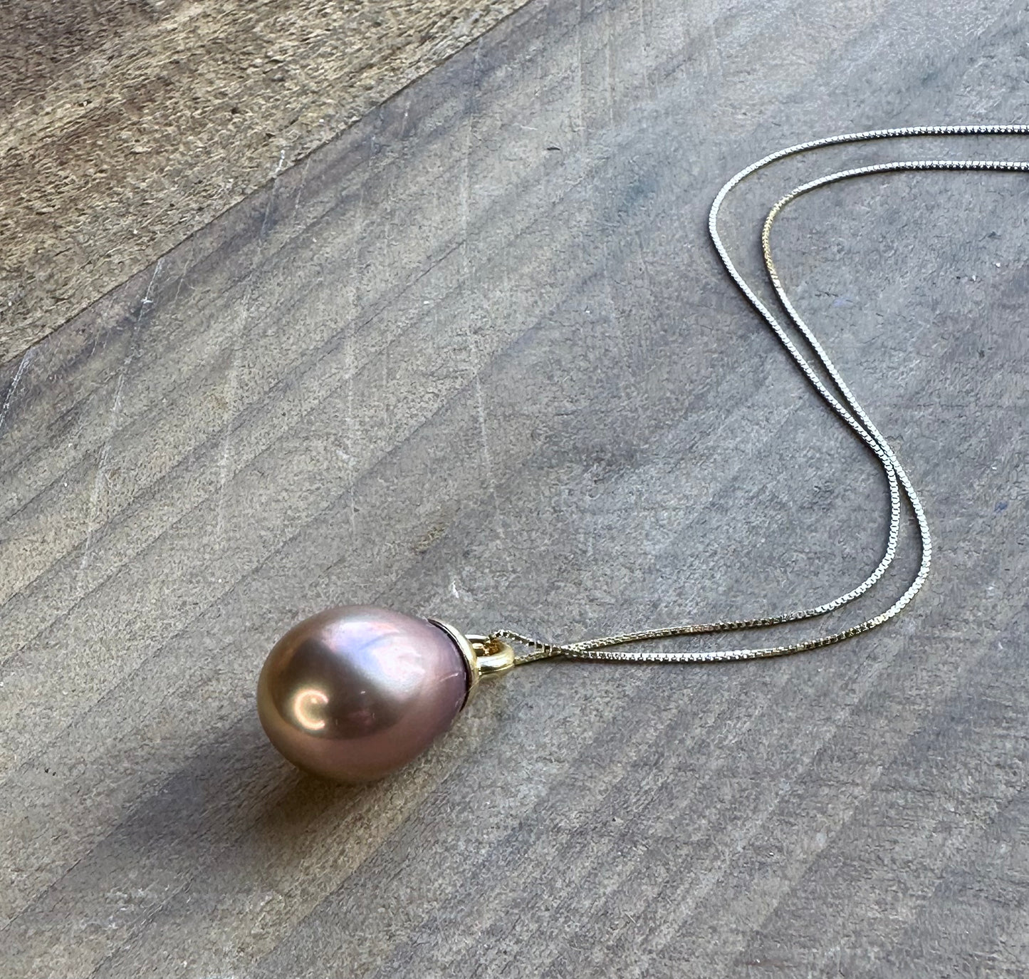Whispers of Twilight: Dusky Rose Edison Teardrop Pearl 14K Gold Pendant