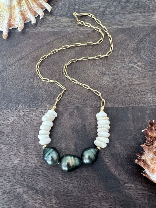 Royal Hawaiian Trio: Tahitian Pearl And Puka Shell Paperclip Necklace