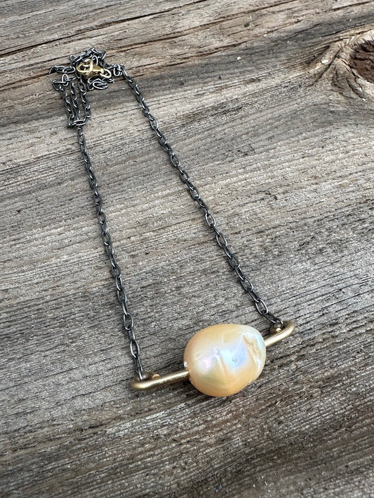 Orions Belt: Tahitian Or Baroque Fireball Pearl on a Gold Bar Necklace