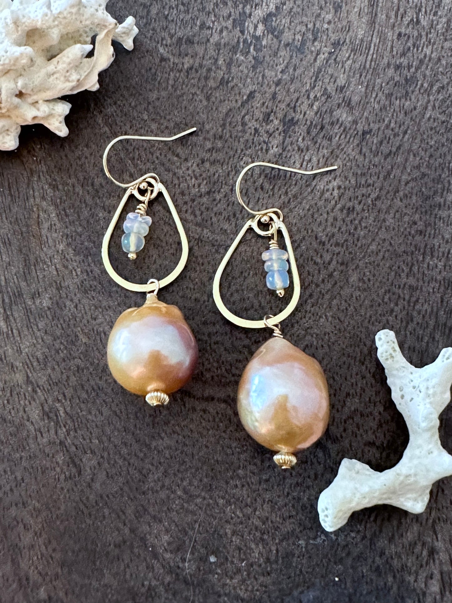 Ember Glow: Fireball Baroque Pearl and Ethiopian Opal Teardrop 14K Gold Filled Earrings