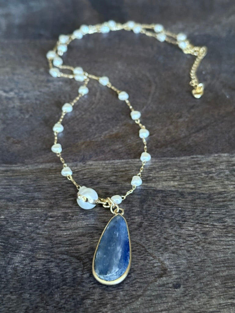 Alchemy of Love Necklace: Kyanite and White Freshwater Pearl Necklace