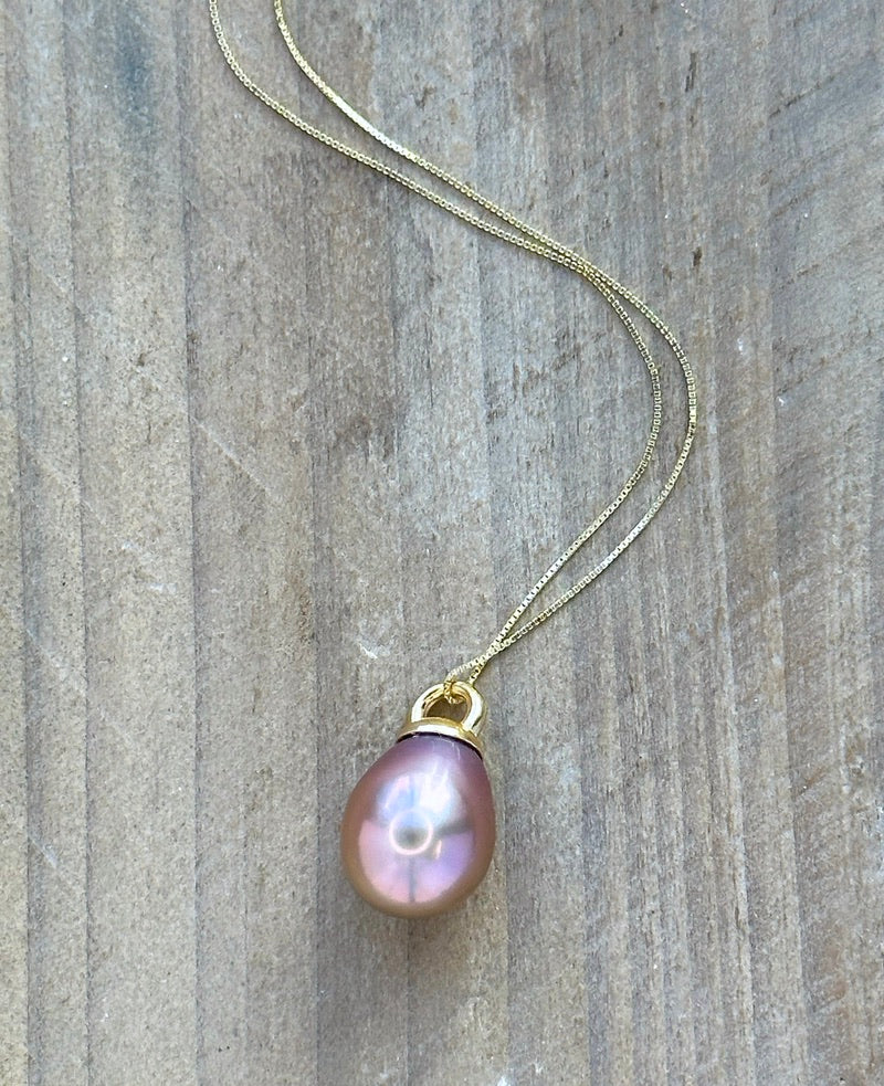 Whispers of Twilight: Dusky Rose Edison Teardrop Pearl 14K Gold Pendant