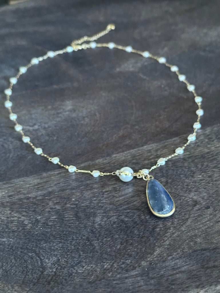 Alchemy of Love Necklace: Kyanite and White Freshwater Pearl Necklace