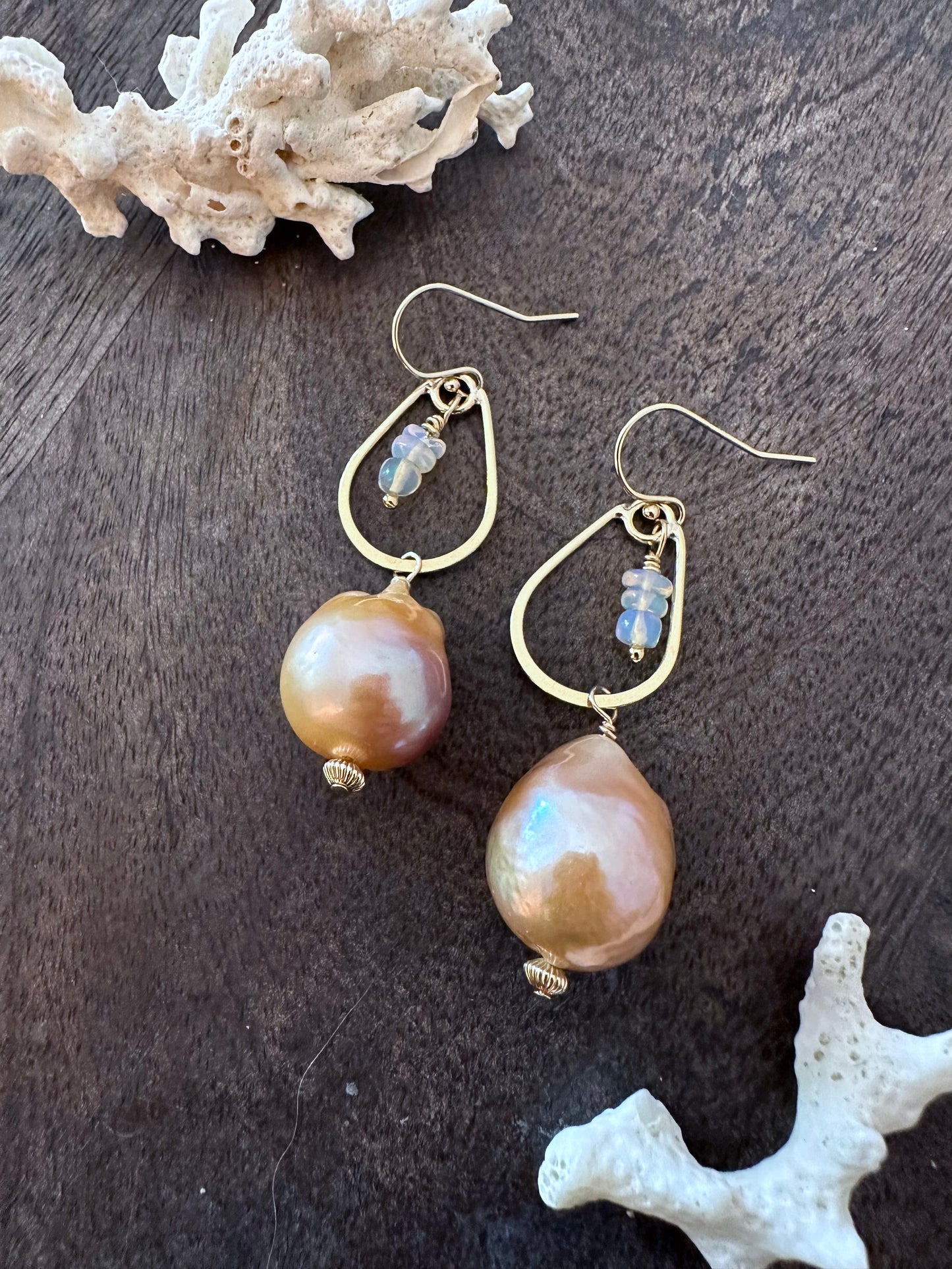 Ember Glow: Fireball Baroque Pearl and Ethiopian Opal Teardrop 14K Gold Filled Earrings