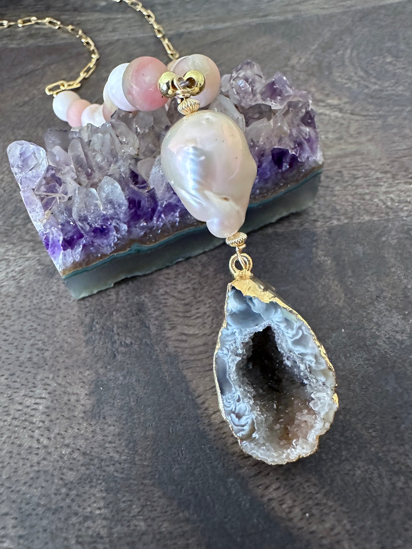 Pink Radiance: Fireball Pearl and Pink Opal Geode Necklace