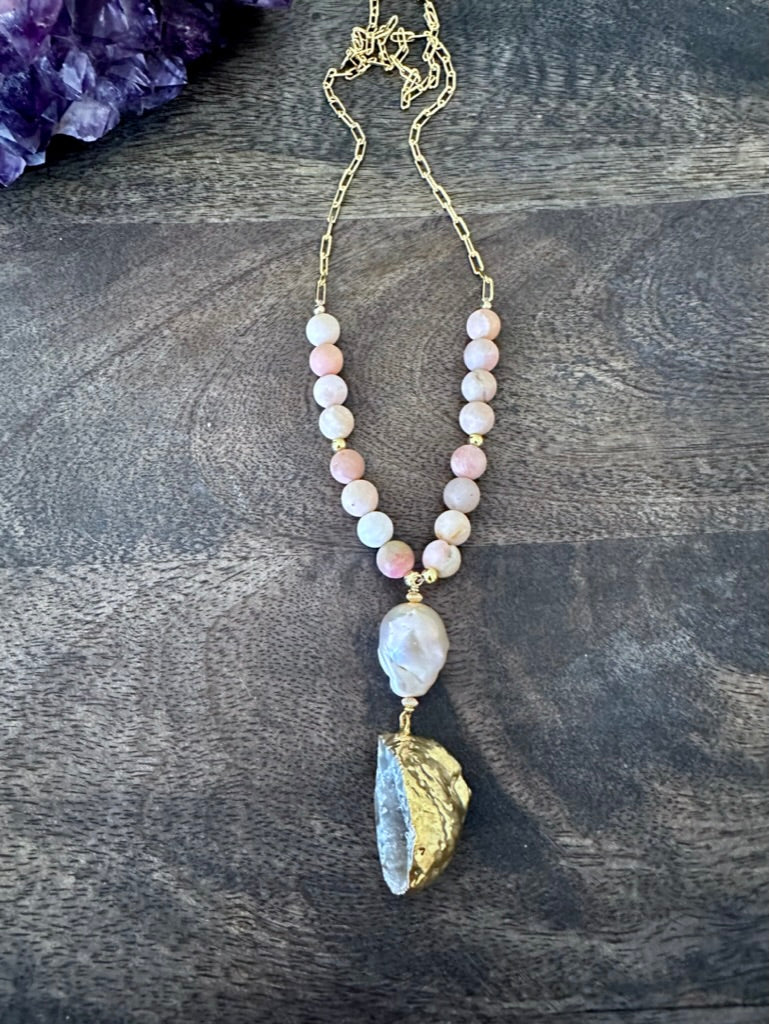 Pink Radiance: Fireball Pearl and Pink Opal Geode Necklace