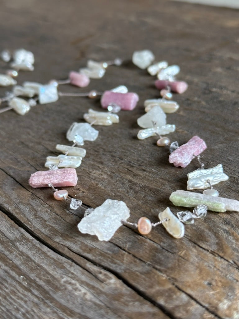 Vintage Elegance: Raw Tourmaline Herkimer Diamond and Keshi Pearl Lei Necklace