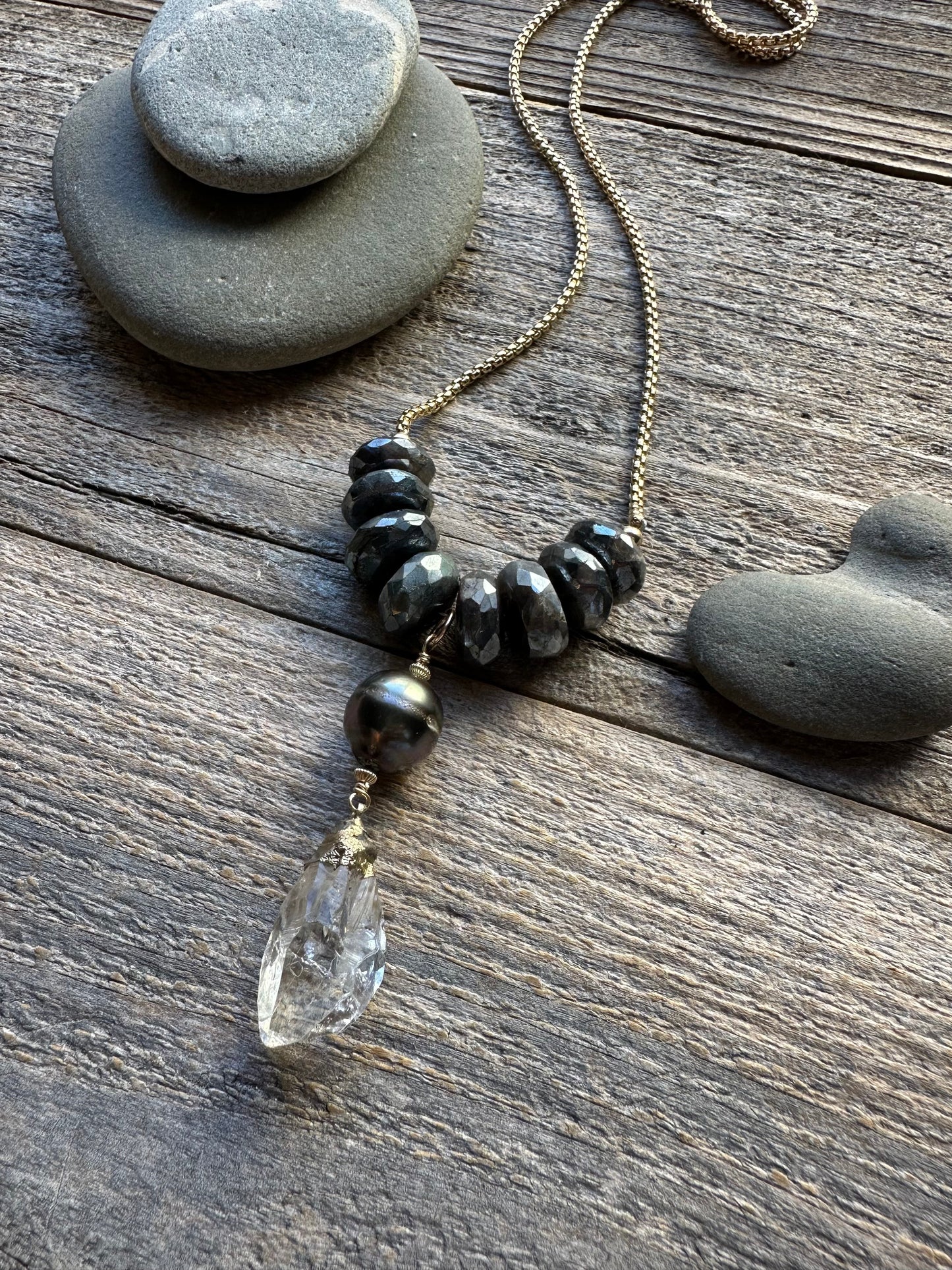 Celestine Labradorite, Herkimer Diamond and Tahitian Pearl 26” Necklace