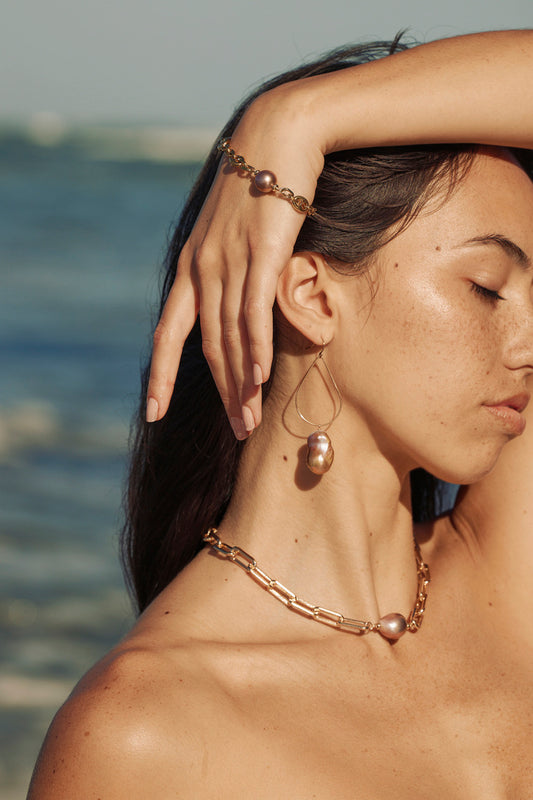 Luminous Flames: Fireball Baroque Pearl Teardrop 14K Gold Filled Hoop Earrings