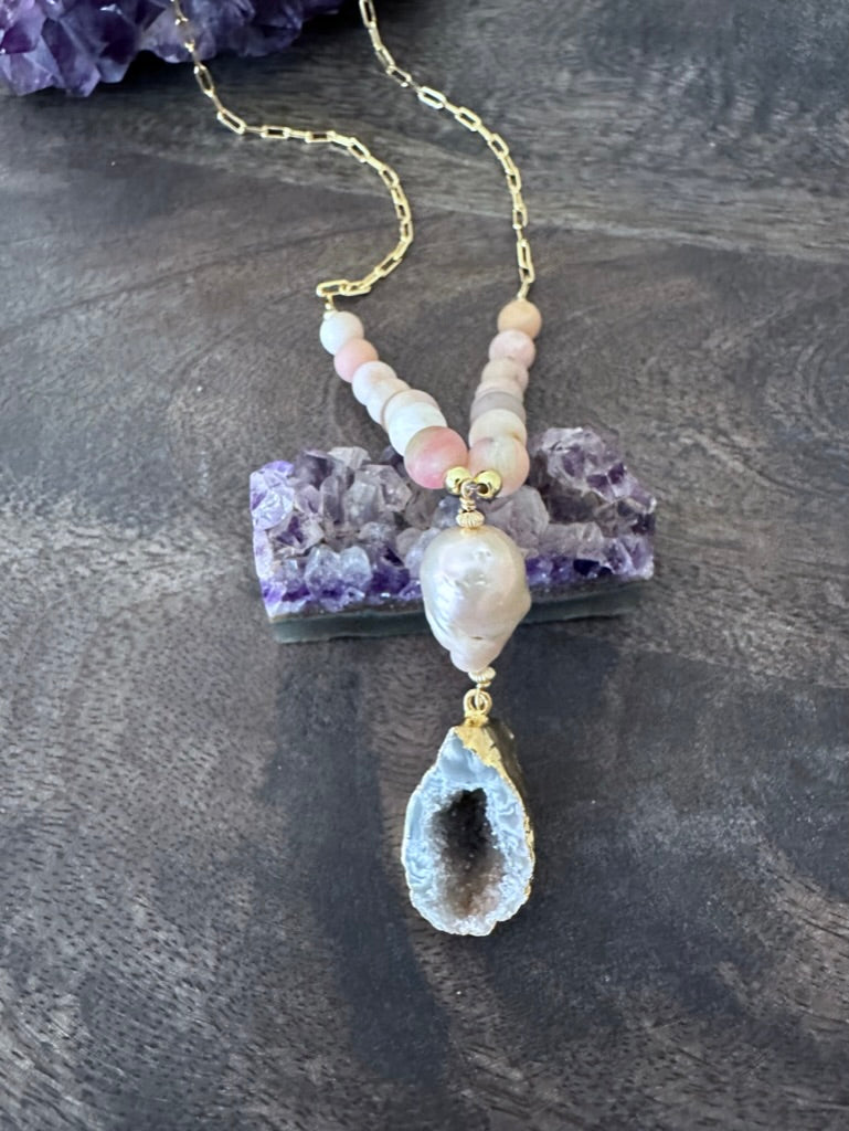 Pink Radiance: Fireball Pearl and Pink Opal Geode Necklace