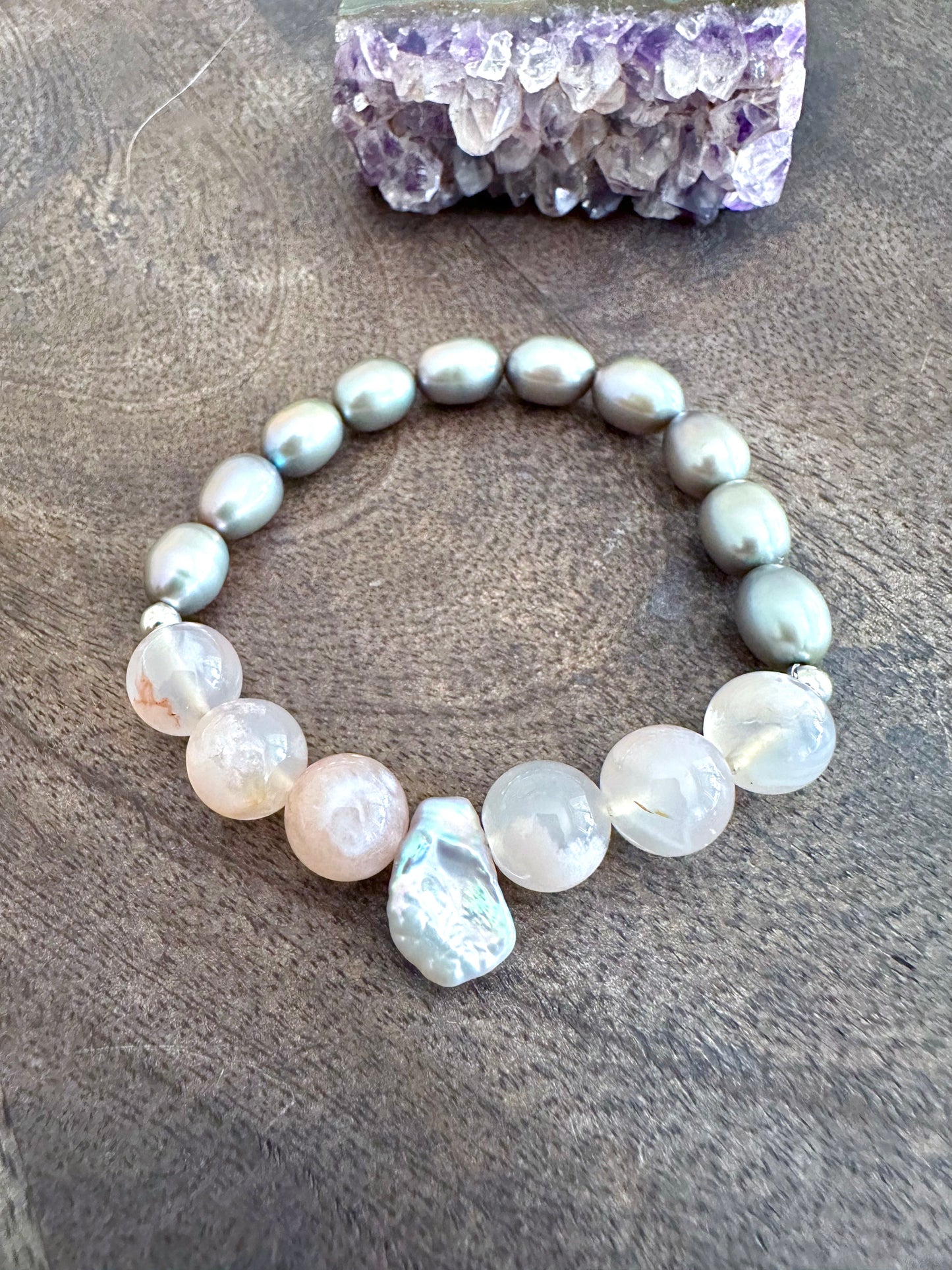 Pink Flower Agate and Grey Freshwater Pearl Keshi Stretchy Bracelets
