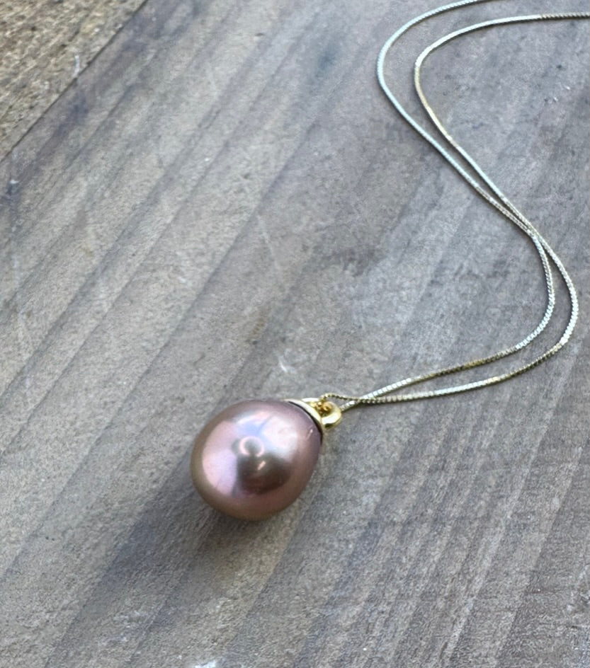 Whispers of Twilight: Dusky Rose Edison Teardrop Pearl 14K Gold Pendant