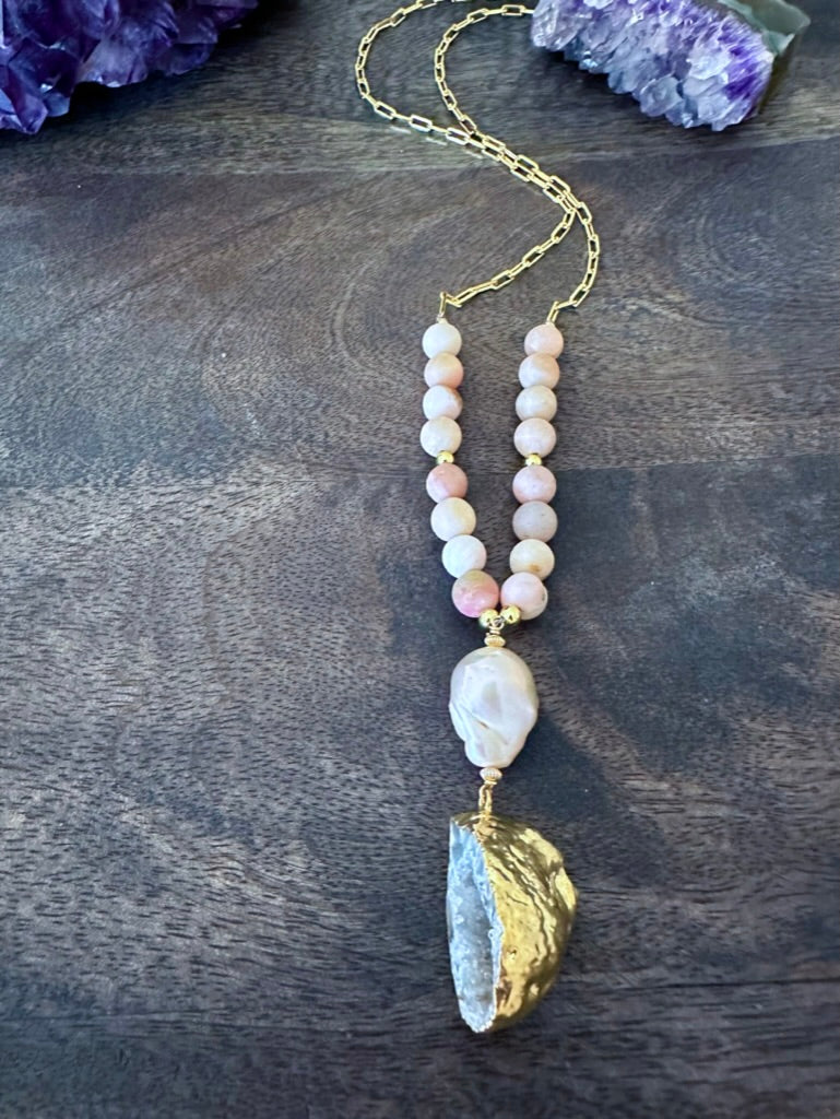 Pink Radiance: Fireball Pearl and Pink Opal Geode Necklace