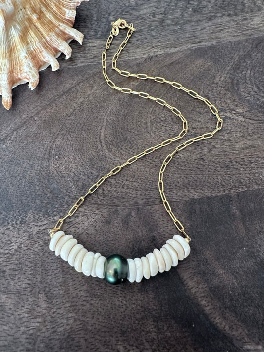 Royal Hawaiian Single Tahitian Pearl and Puka Shell Necklace