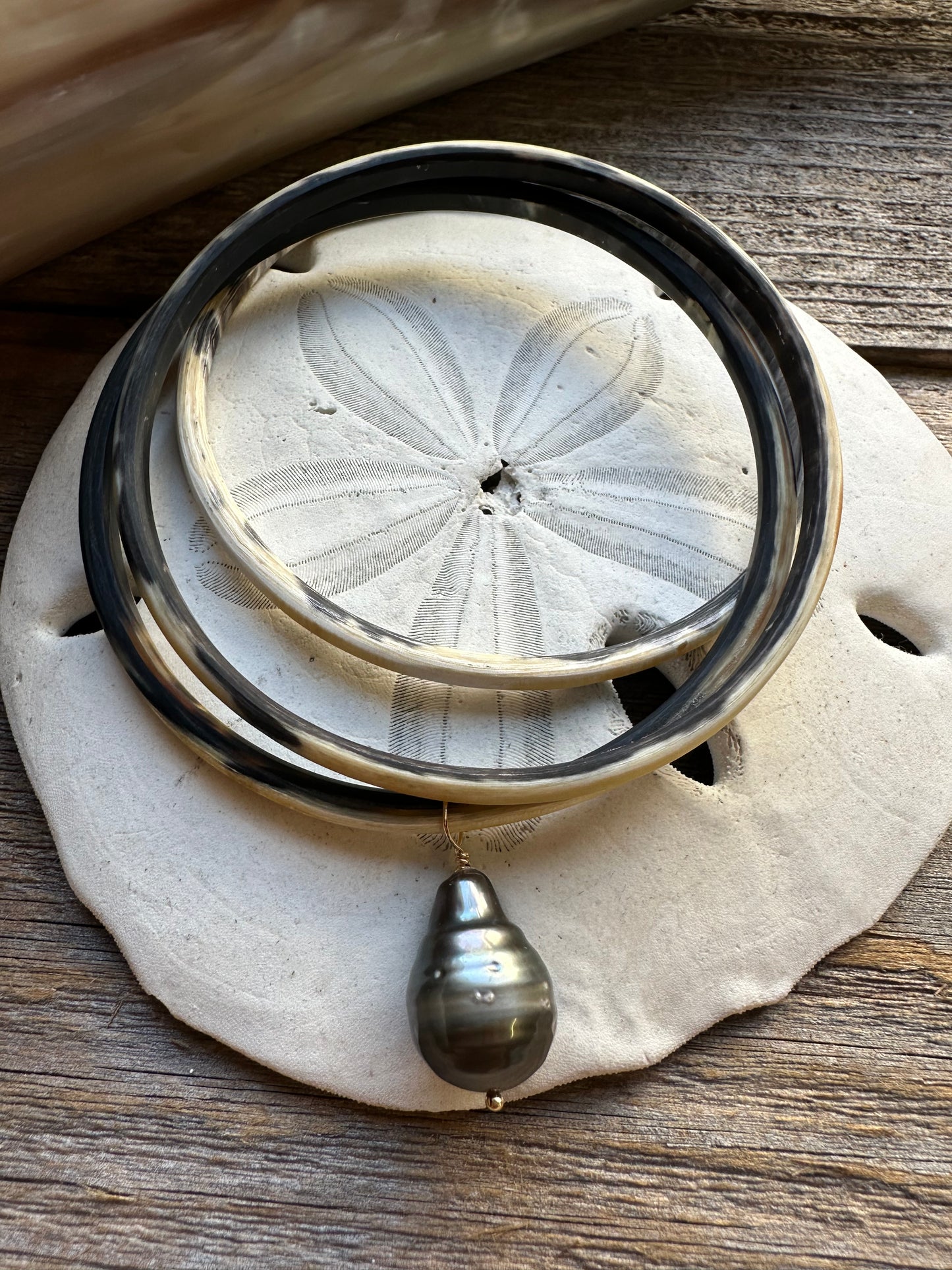 Pacific Relic Water Buffalo Horn and Tahitian Pearl Bangle Trio