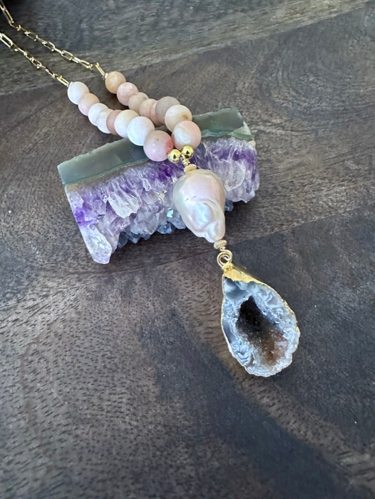 Pink Radiance: Fireball Pearl and Pink Opal Geode Necklace