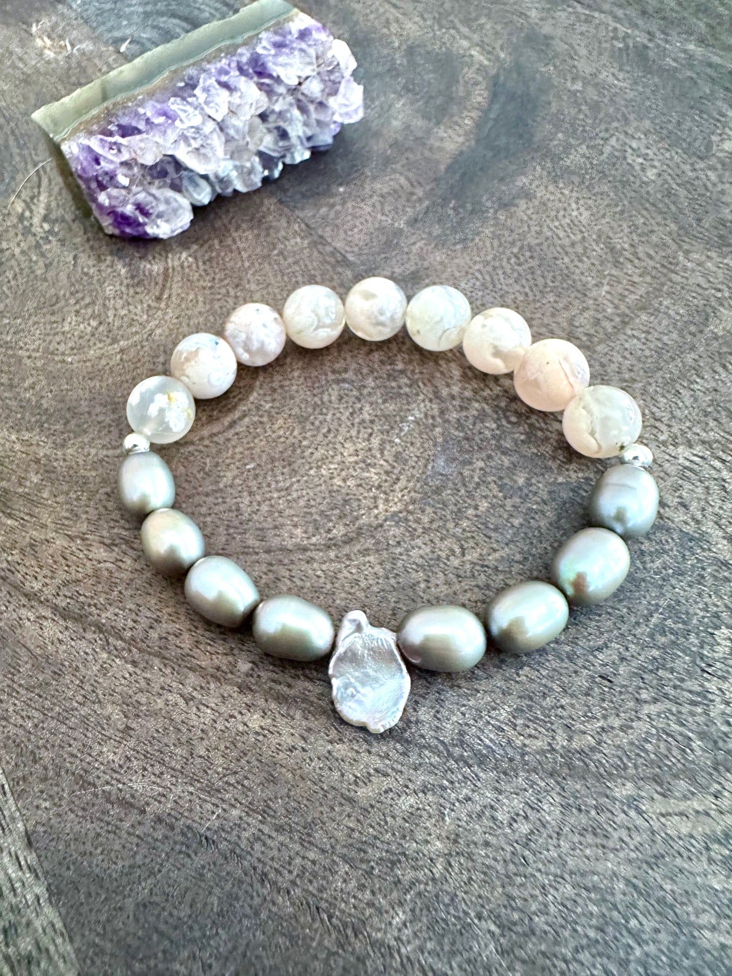 Pink Flower Agate and Grey Freshwater Pearl Keshi Stretchy Bracelets