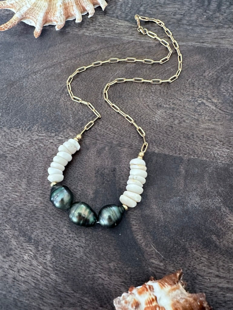 Royal Hawaiian Trio: Tahitian Pearl And Puka Shell Paperclip Necklace