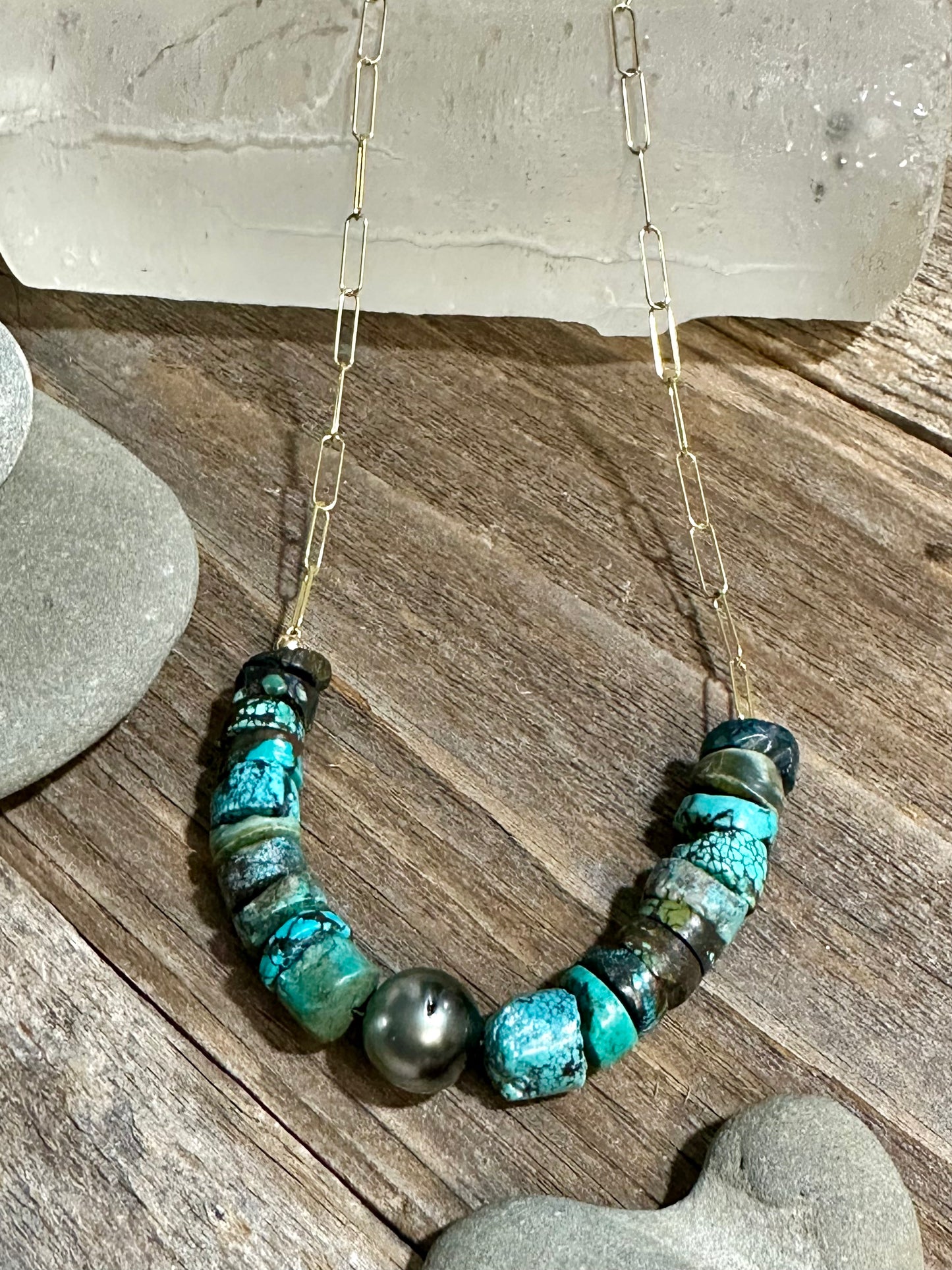 Turquoise and Tahitian Pearl 14K Goldfilled Paperclip Chain Necklace