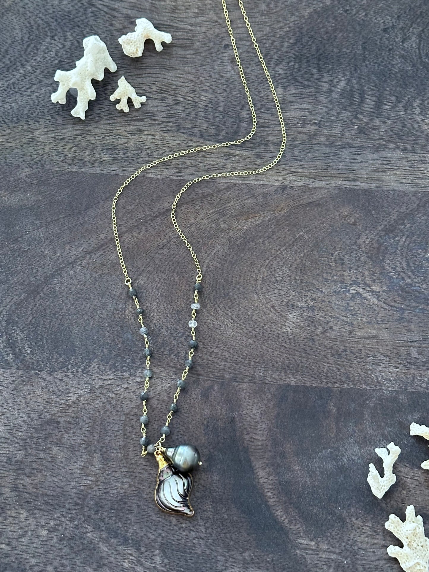 Alchemy's Hidden Treasure Necklace : Carved Mother of Pearl and Tahitian Pearl Necklace