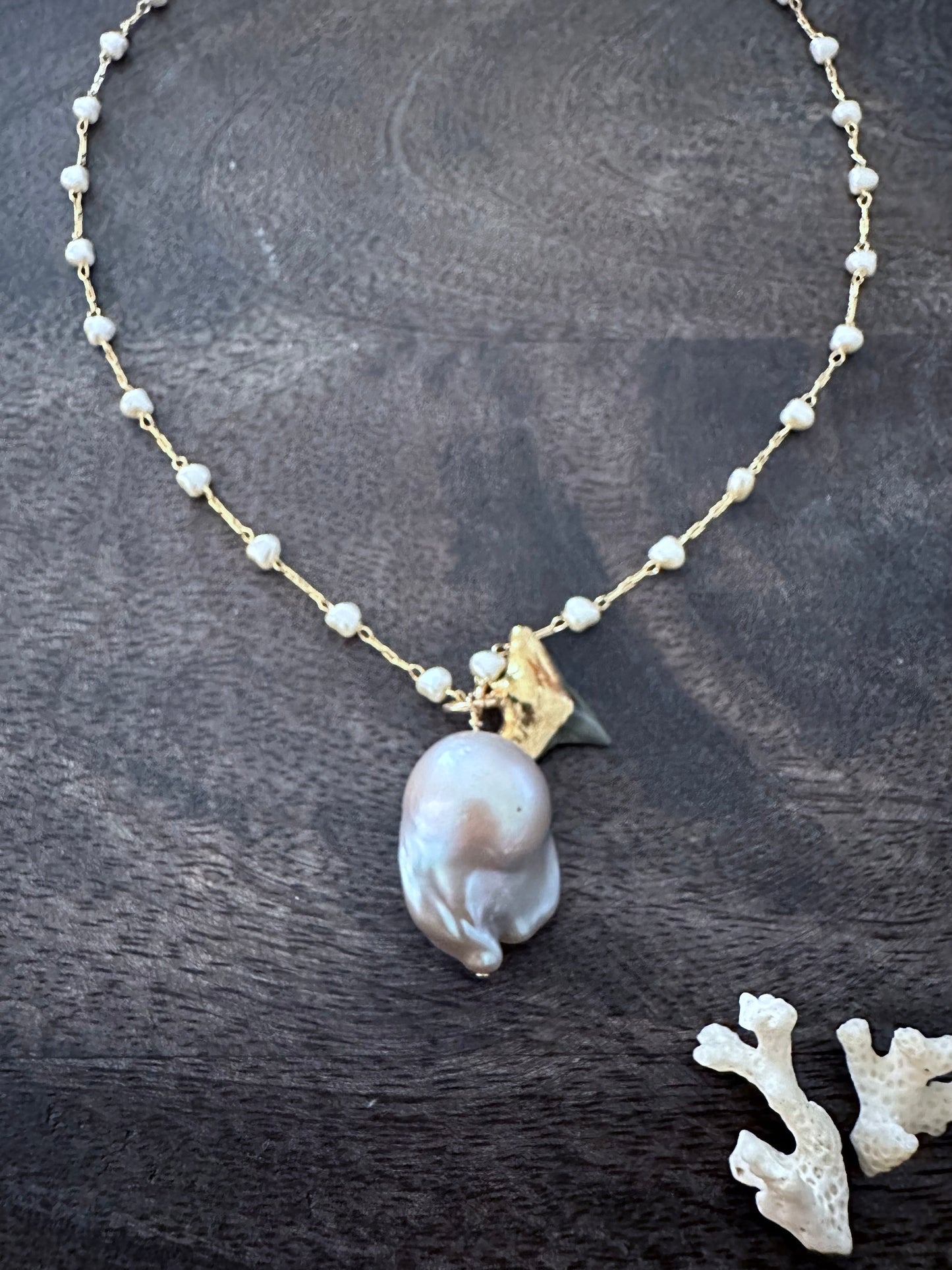 Alchemy of Love: Love's Eternal Evolution Necklace : Fossilized Shark's Tooth and Grey Fireball Baroque and White Heart Seed Pearl 18" Necklace