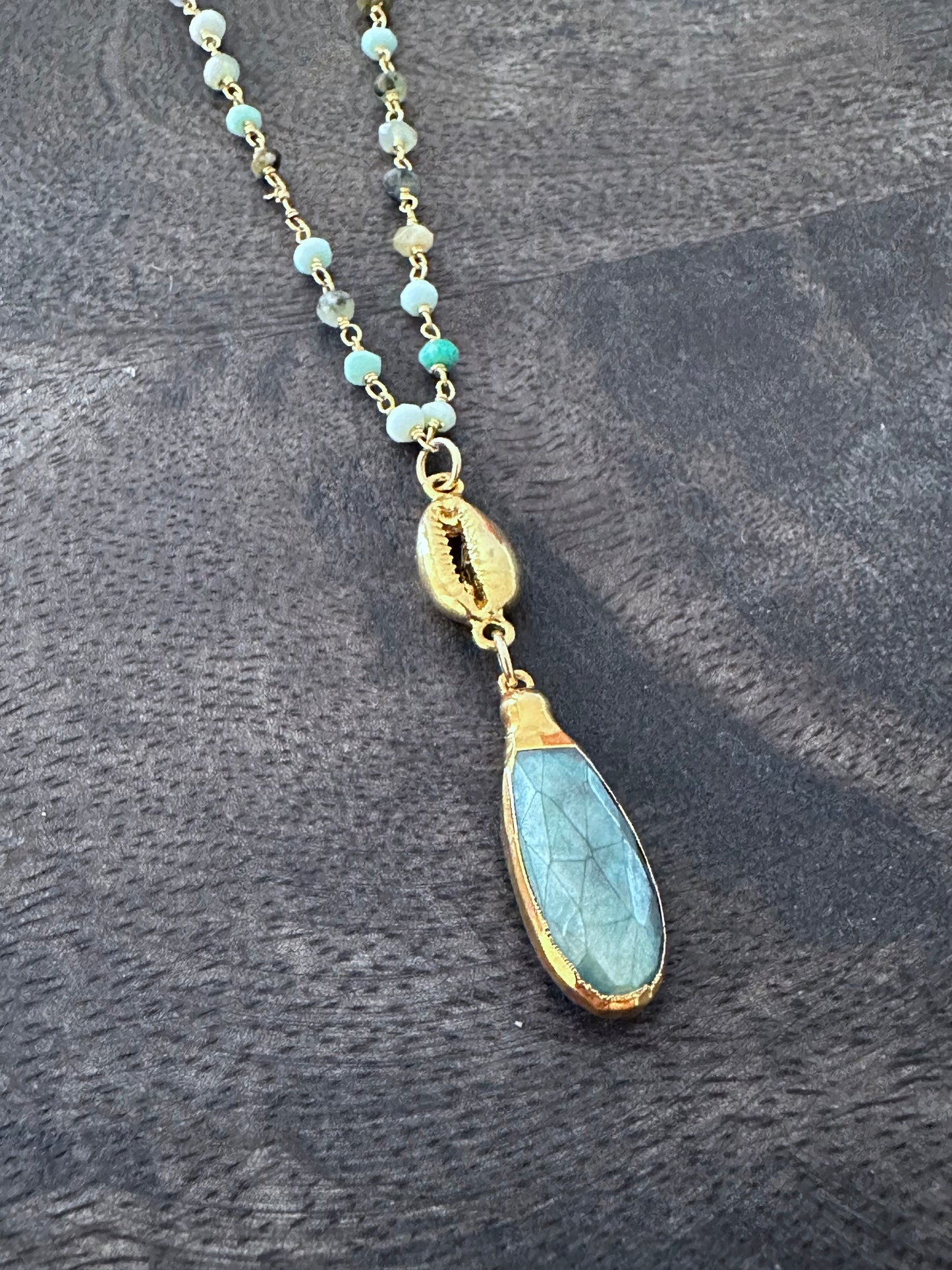 Alchemy of the Azure: The Blue Aura Kyanite Necklace with Vermeil Cowrie on 28" Turquoise Rosary and Gold Filled Chain