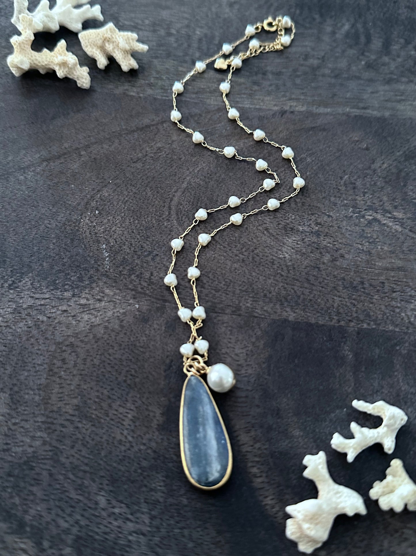 Alchemy of Love Necklace: Kyanite and White Freshwater Pearl Necklace