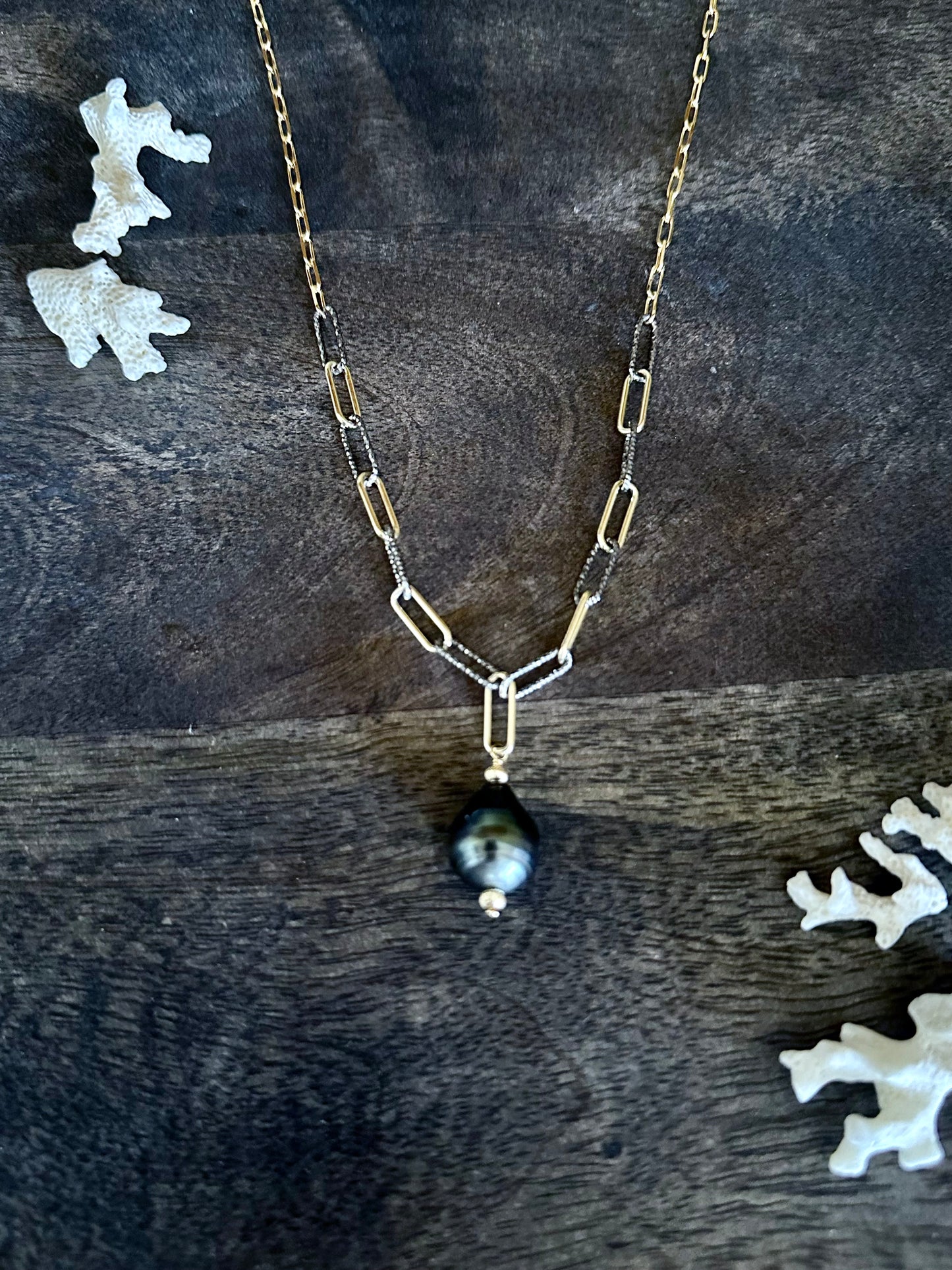 The Alchemy Necklace 24" Paperclip and Italian Mixed Metal Chain with 18mm Tahitian Pearl