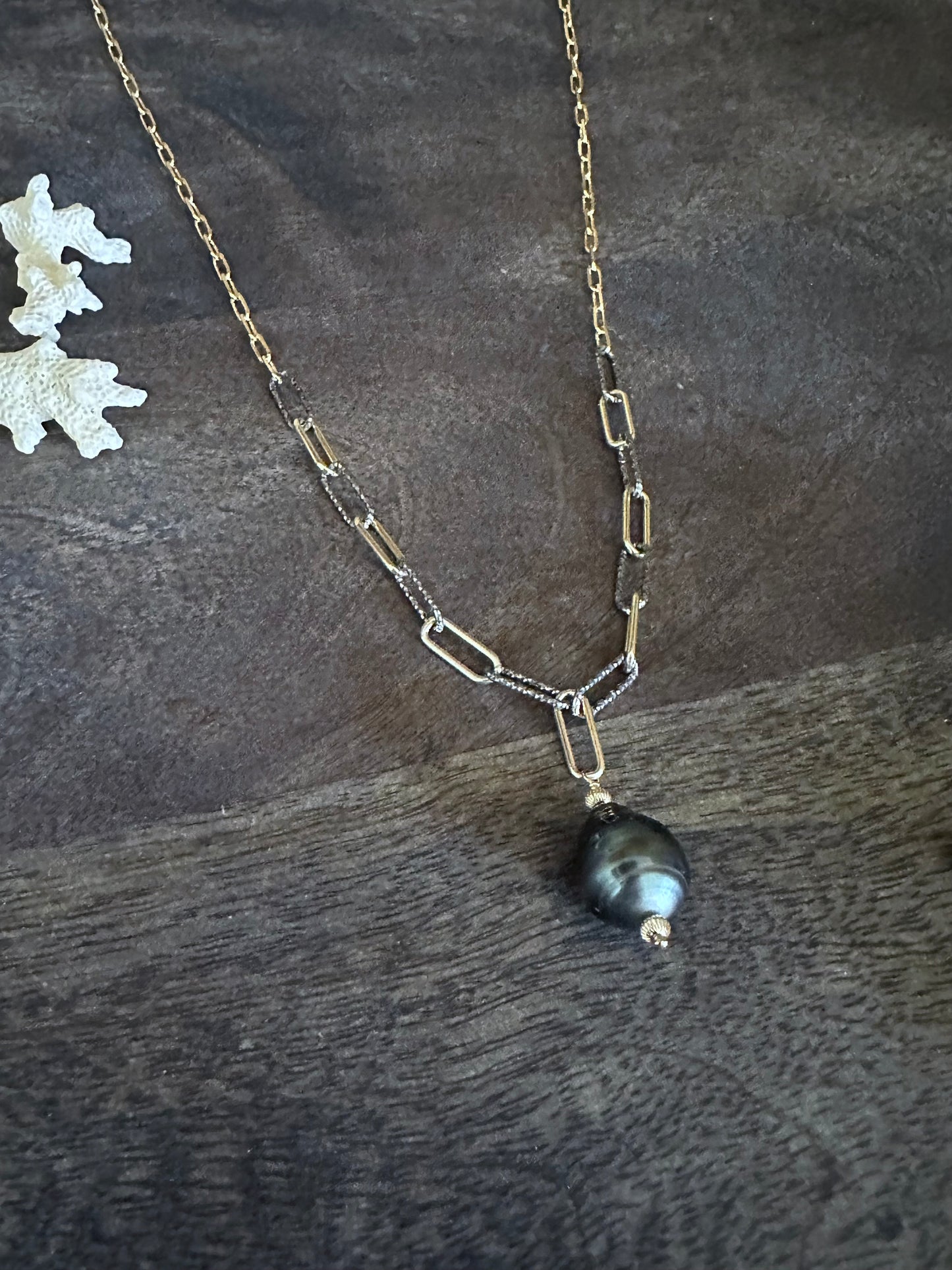 The Alchemy Necklace 24" Paperclip and Italian Mixed Metal Chain with 18mm Tahitian Pearl