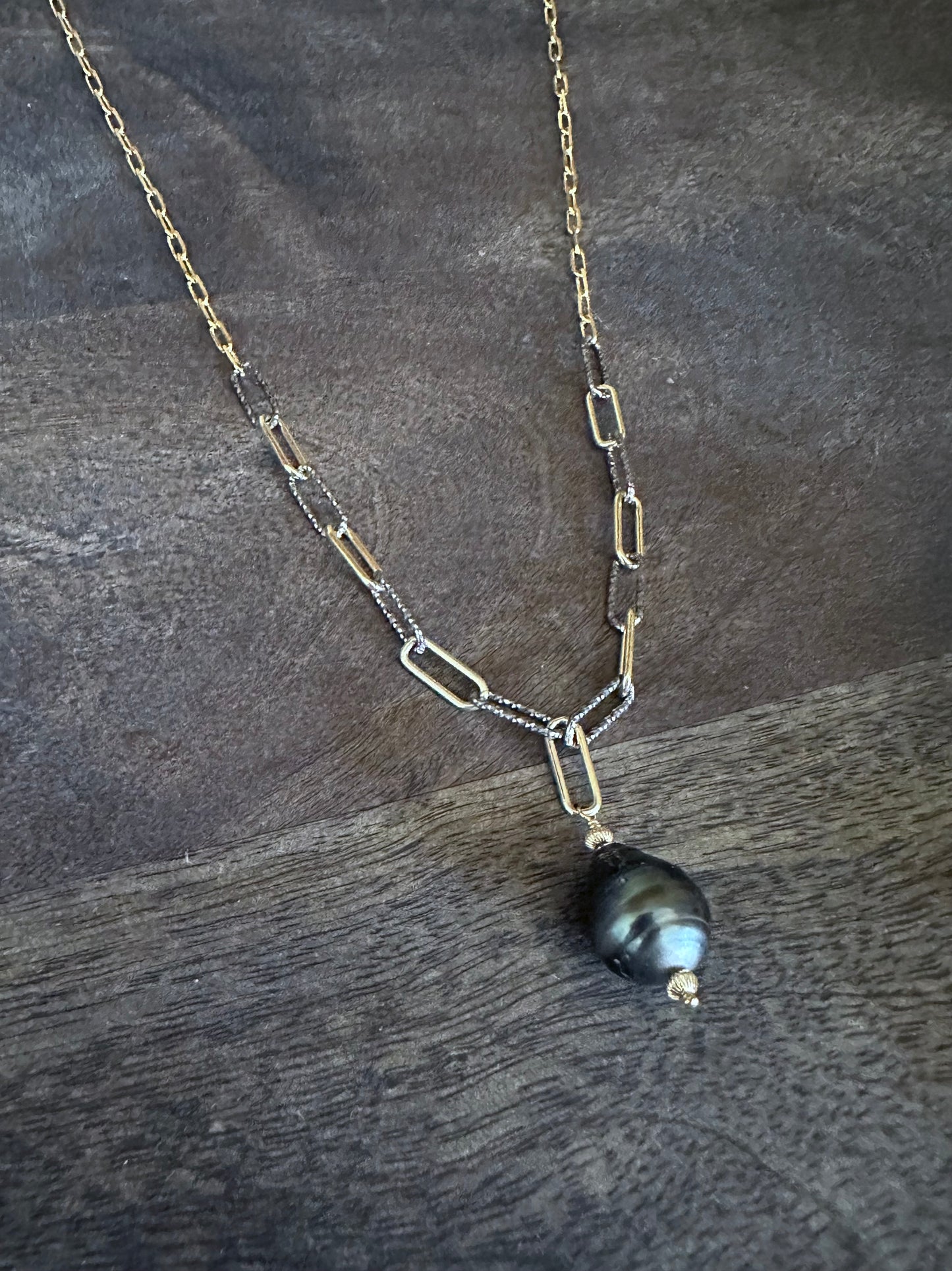 The Alchemy Necklace 24" Paperclip and Italian Mixed Metal Chain with 18mm Tahitian Pearl