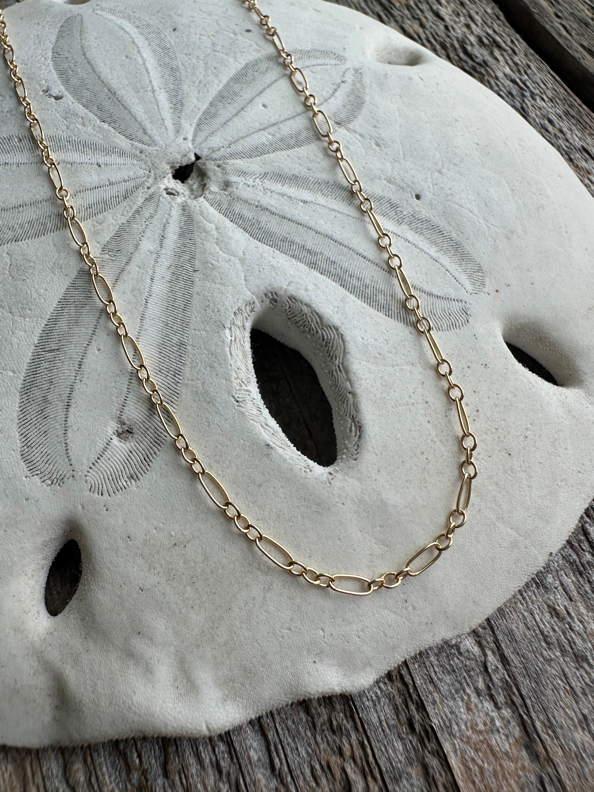 On wooden background with white sand dollar in the middle of the image, there is a gold chain that sits on top of it.