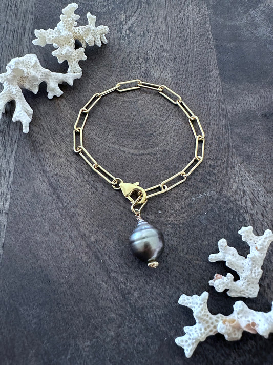 Ocean Alchemy's Guilded Bracelet : Tahitian Pearl and Gold Filled Paperclip Chain