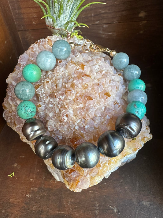 Driftwater Blues Turquoise, Jade, and Tahitian Pearl 8" Bracelet