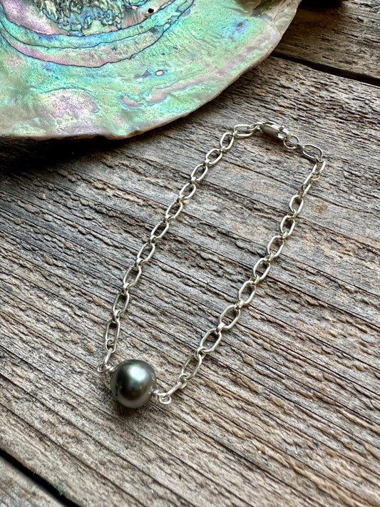 Single Tahitian Pearl Silver 8" Bracelet