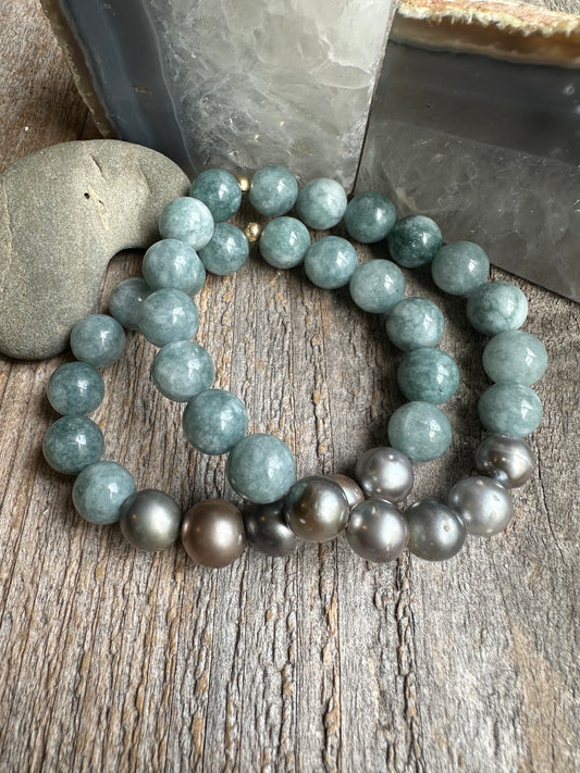 Sea Foam Jade and Tahitian Pearl Bracelet
