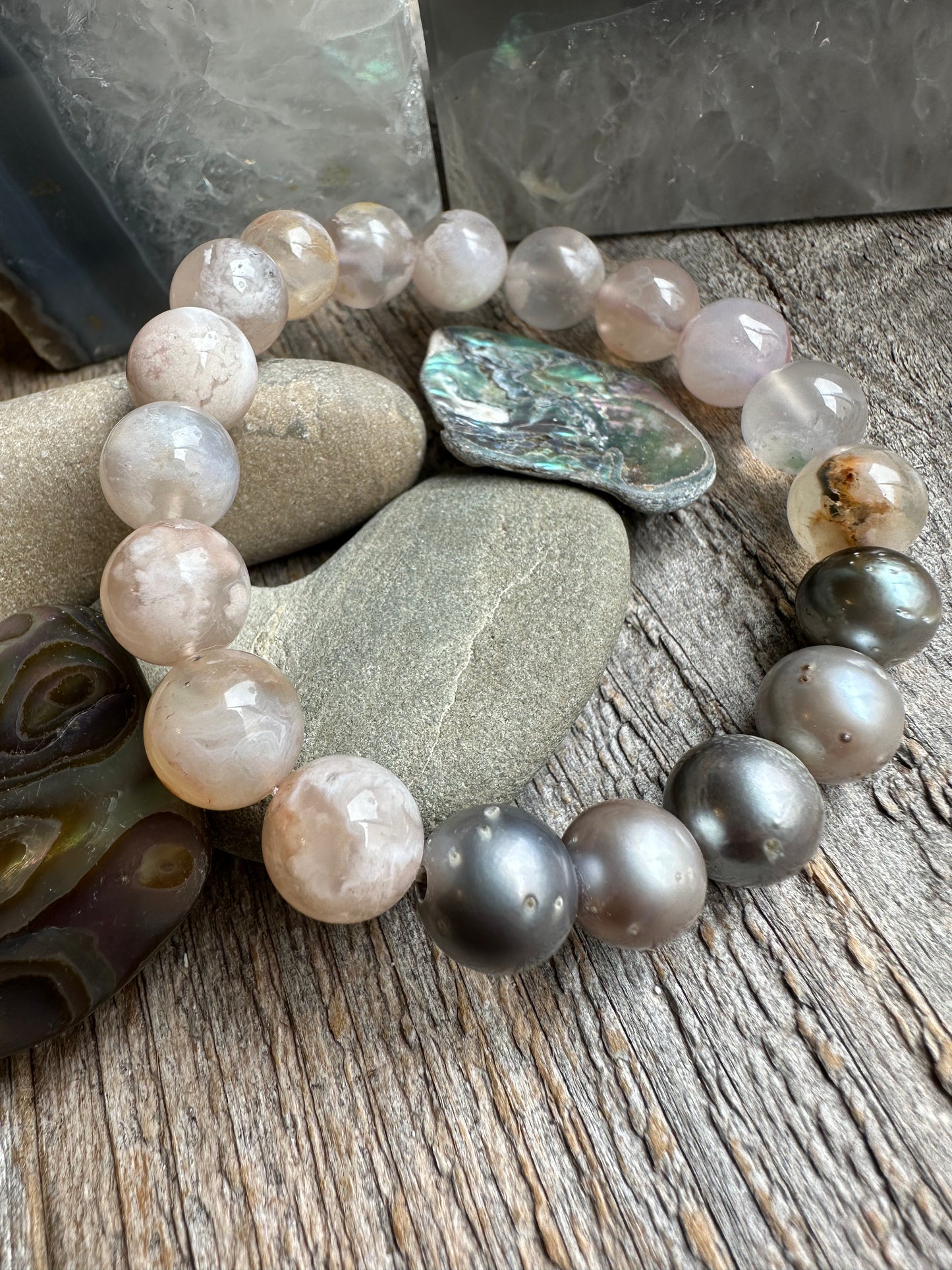 Moonpetal Flower Agate and Tahitian Pearl Stretchy Bracelet