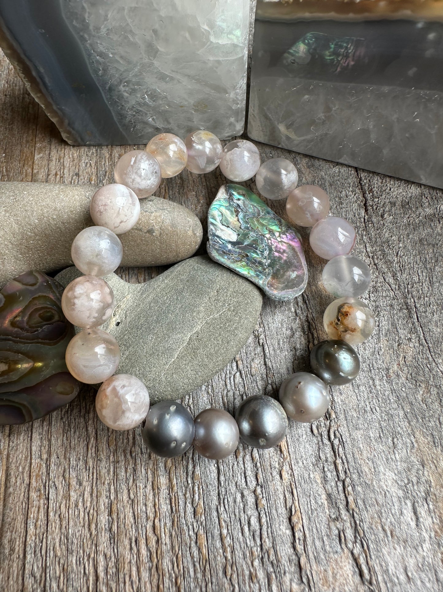 Moonpetal Flower Agate and Tahitian Pearl Stretchy Bracelet
