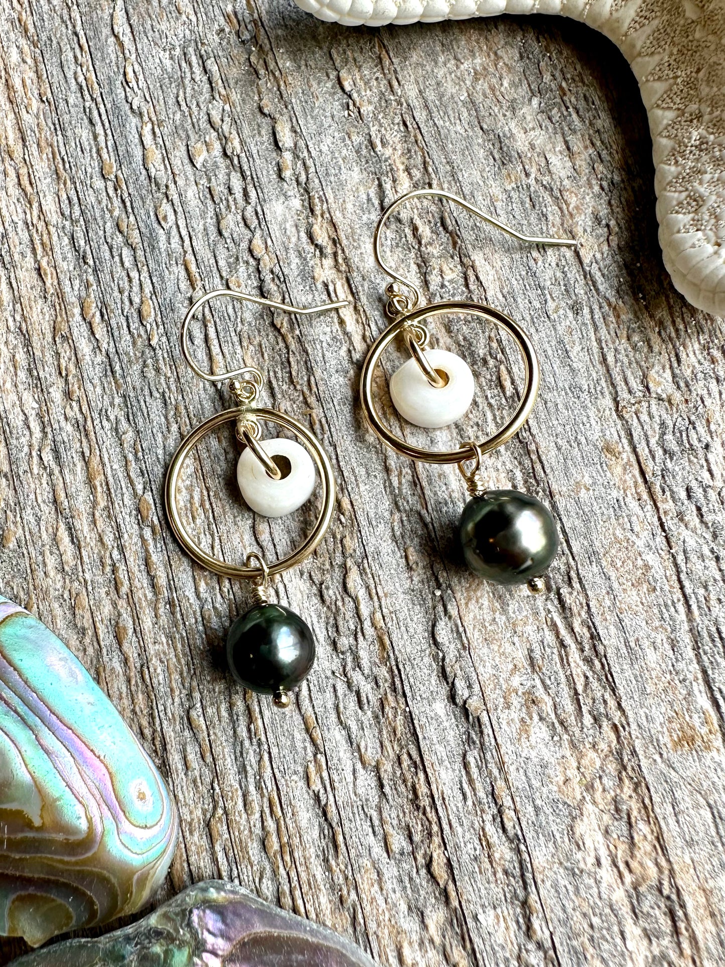 Ocean Relic Tahitian Pearl and Puka Shell Earrings
