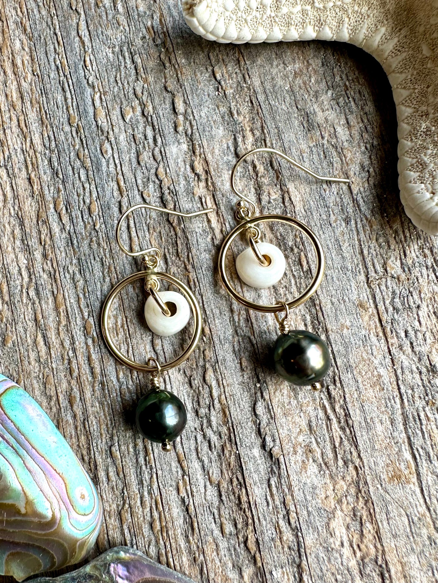 Ocean Relic Tahitian Pearl and Puka Shell Earrings