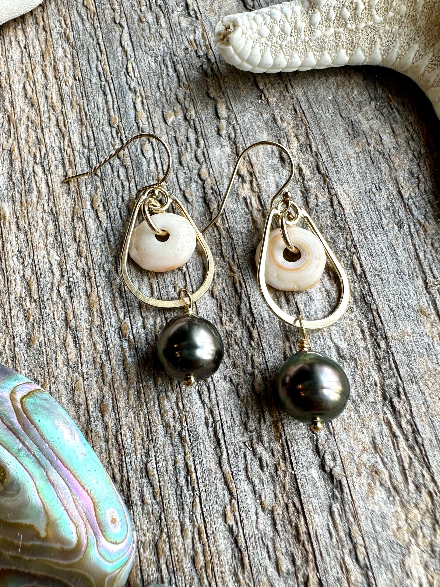 Ocean Relic Tahitian Pearl and Puka Shell Earrings