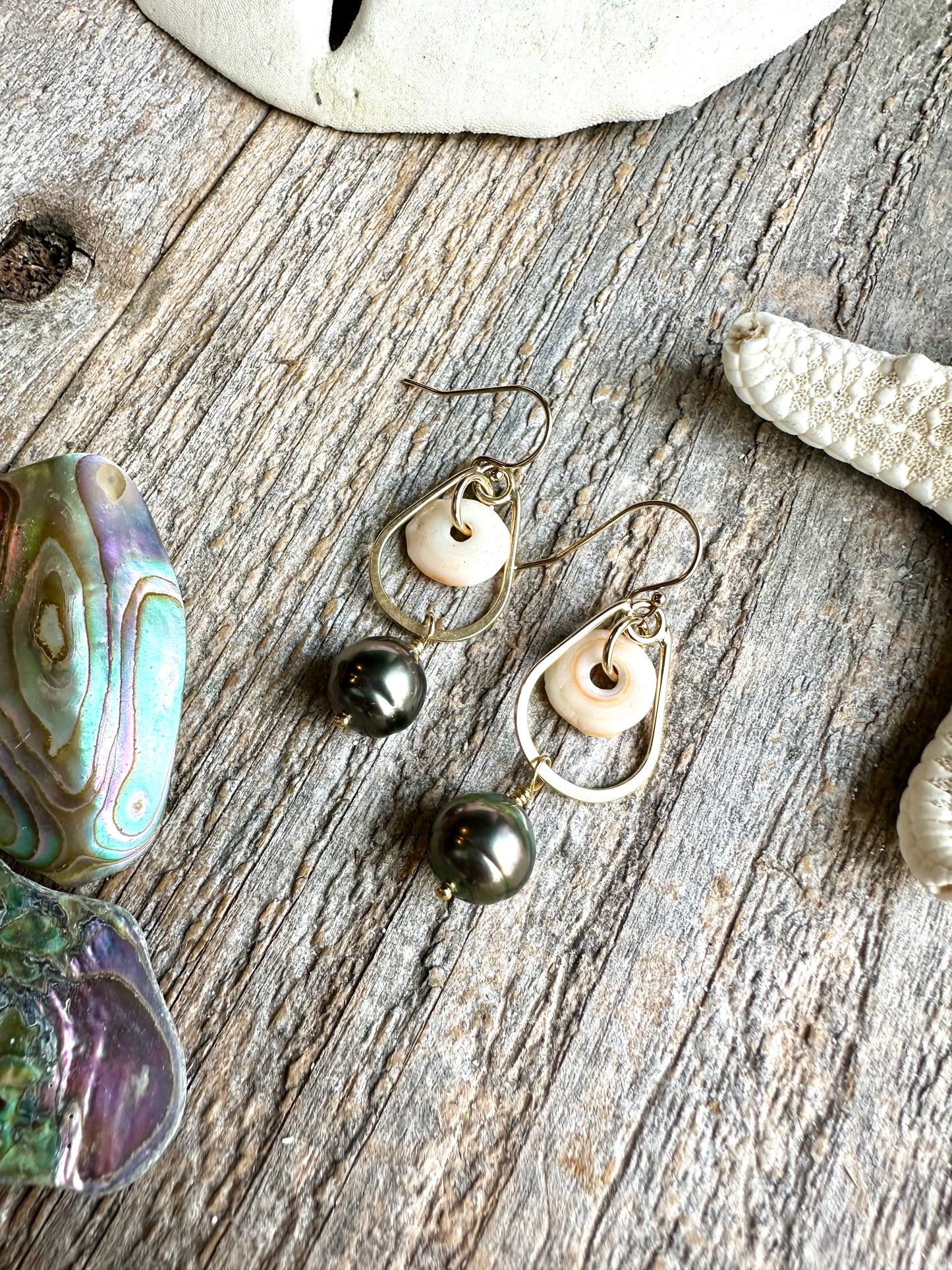 Ocean Relic Tahitian Pearl and Puka Shell Earrings