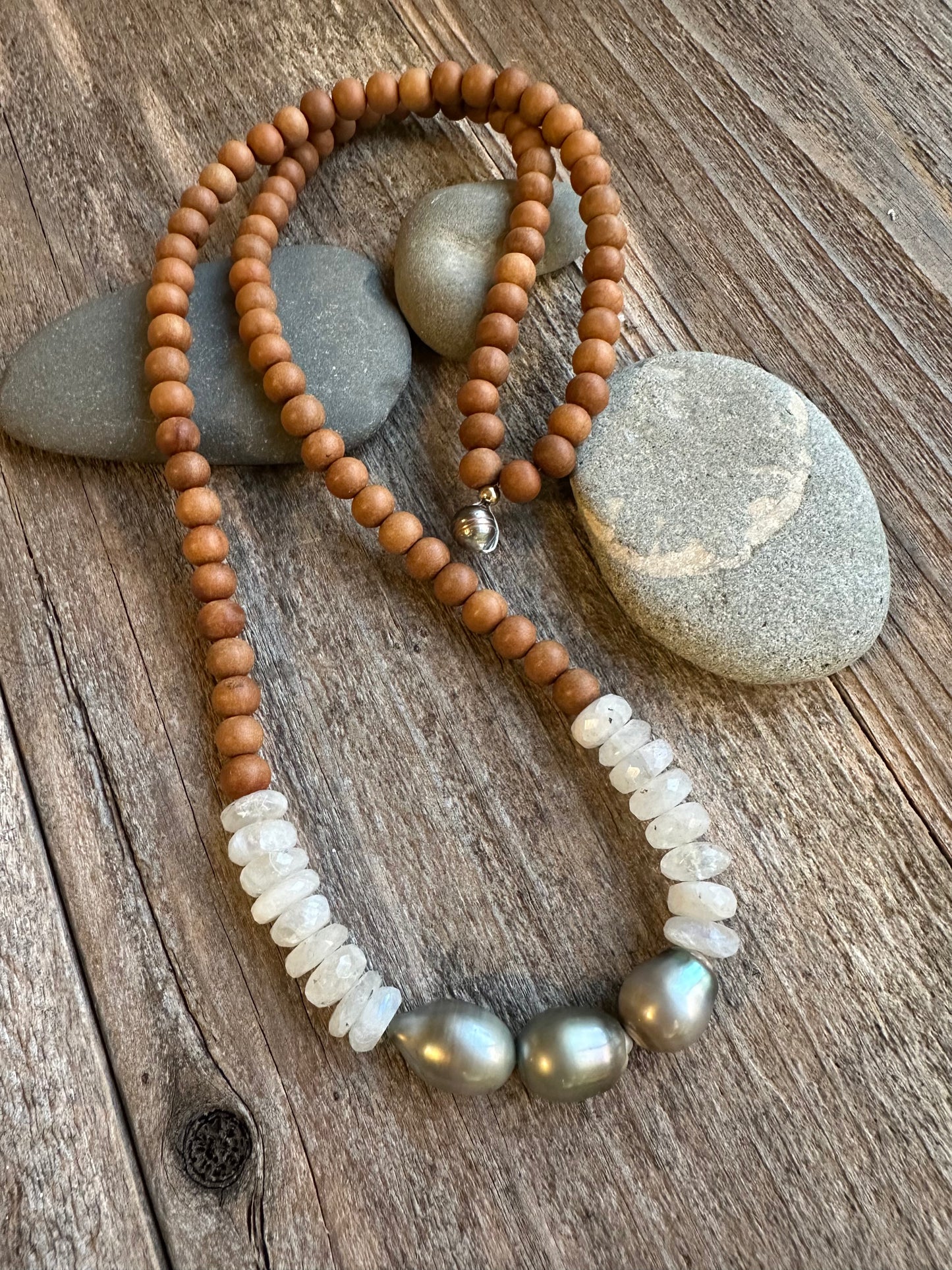 Sacred Moon Tide Tahitian Pearl, Moonstone and Sandalwood 30" Necklaces