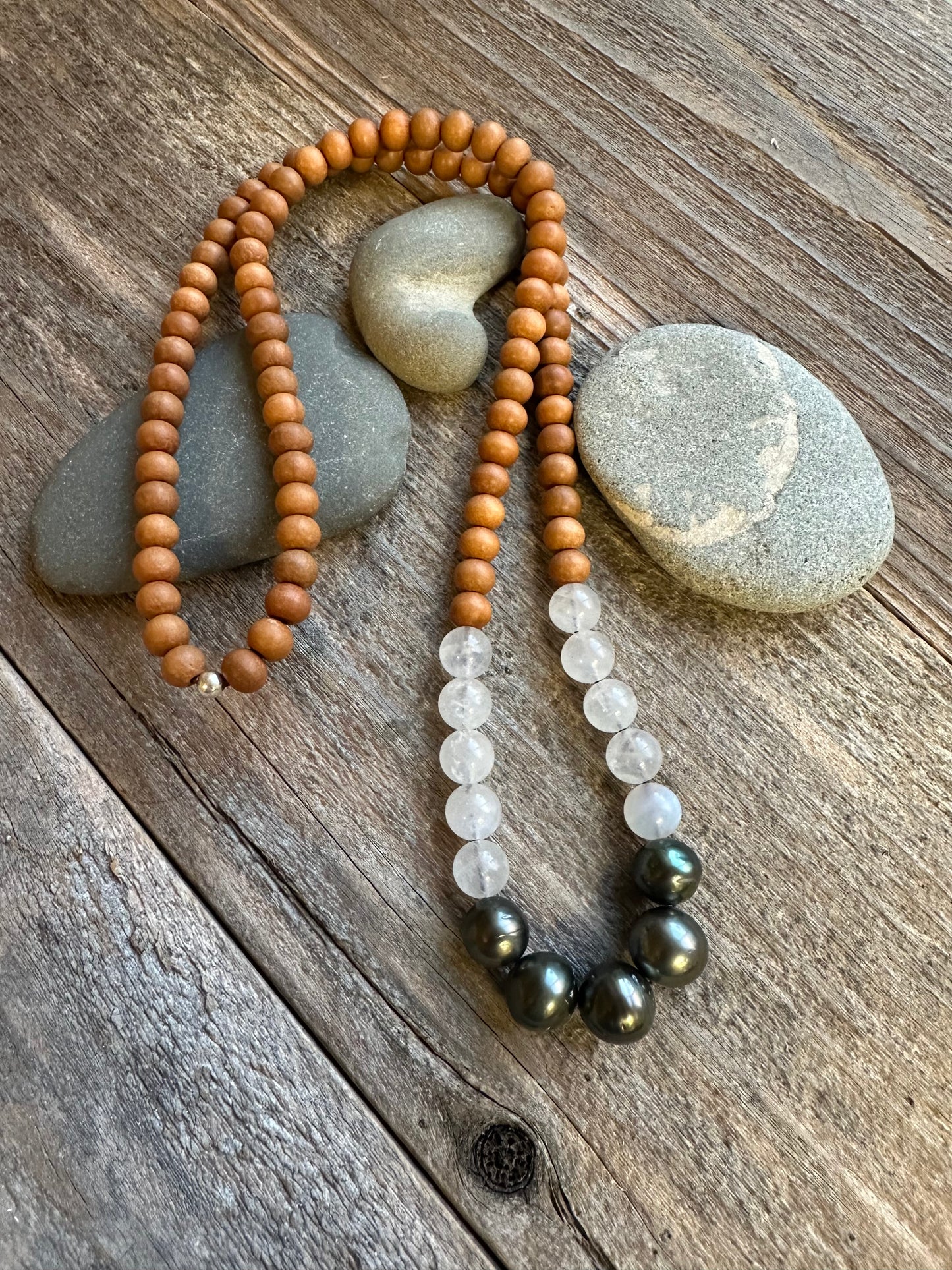 Sacred Moon Tide Tahitian Pearl, Moonstone and Sandalwood 30" Necklaces