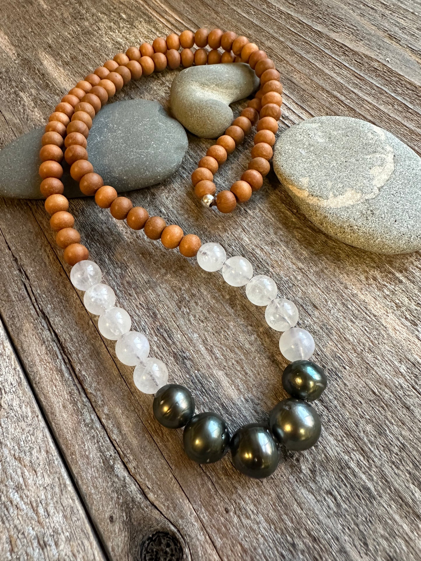Sacred Moon Tide Tahitian Pearl, Moonstone and Sandalwood 30" Necklaces