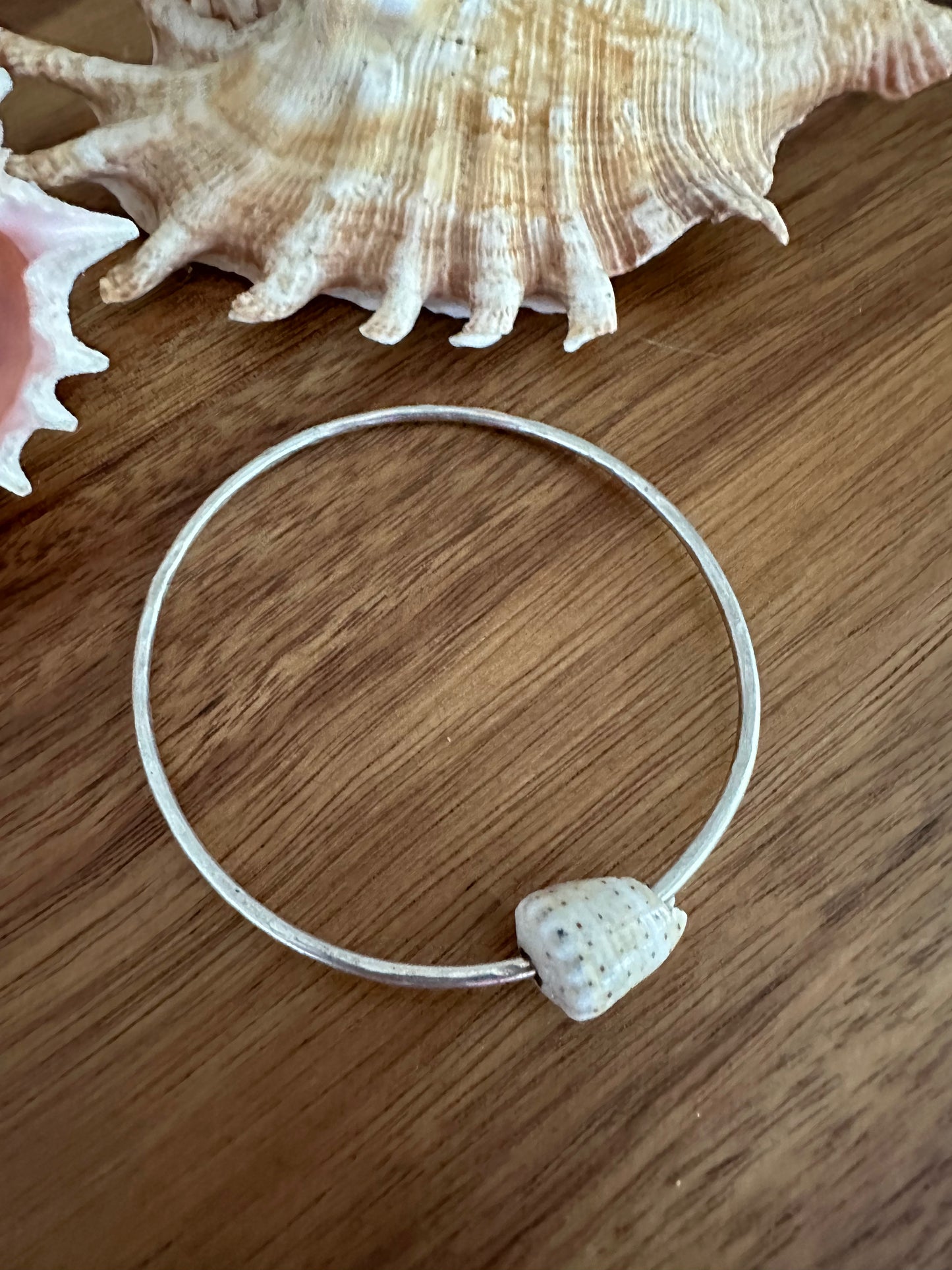 on a brown wooden backgroud is a round silver bracelet with a shell on it. there are shells in the upper edge of the image.
