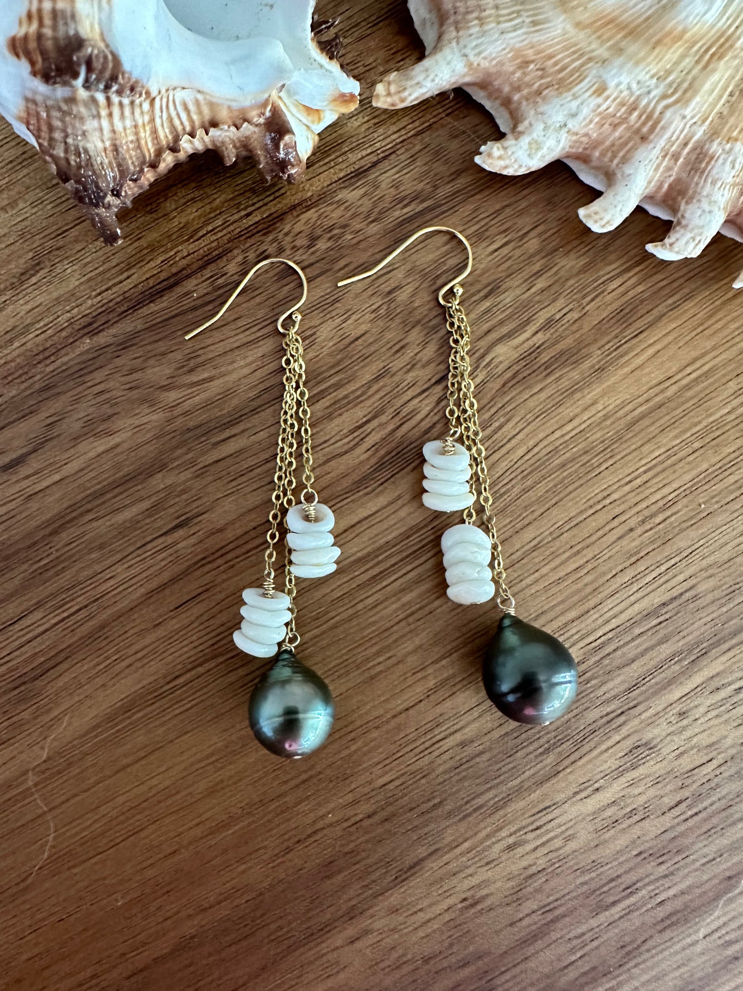Royal Hawaiian Puka Shell and Tahtian Pearl Earrings